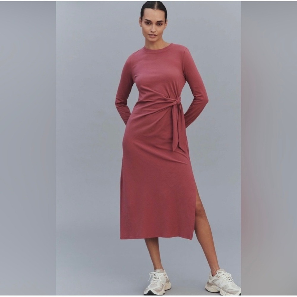 Anthropologie‎ Daily Practice Tie Front Midi Dress Long Sleeve Rose Pink Medium